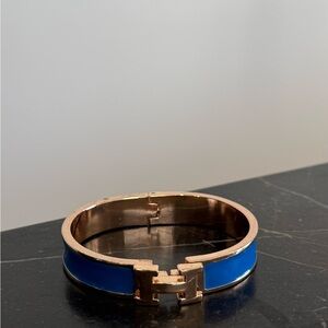 Hermes Blue Enamel H Hinged Bracelet with Gold Hardware